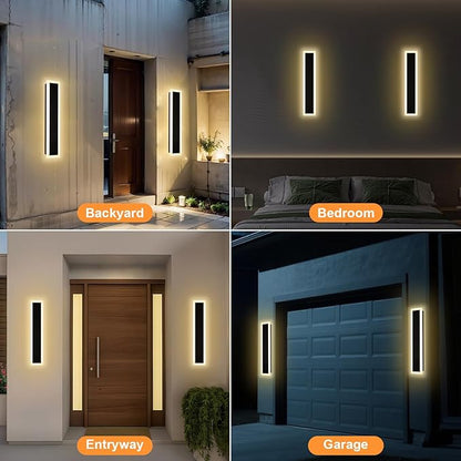 2 Pack Linear Outdoor Wall Light 24In Modern LED Outdoor Lighting Fixtures 3000K-6000K Dimmable, IP65 Waterproof Black Long Exterior Wall-Mounted Lights for Garage Front Door Porch House