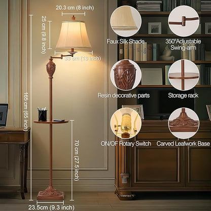 Traditional LED Floor Lamp with 350° Adjustable Swing Arm Lamp – Vintage Standing Pole lamp for Living Room, Bedroom and Office – Rustic Upright Floor Light for Home Décor with Silk Fabric Shade