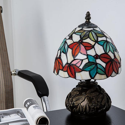 Tiffany Style Stained Glass Mushroom Table Lamp 8" White Red Green Maple Leaf Floral Shade Nightstand Light for Bedroom Dorm Living Coffee Office Housewarming Gift (White Maple Leaf)