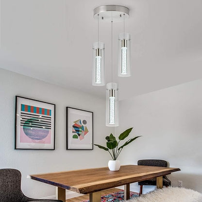 Kitchen Lighting Pendant Fixtures 3-Light LED Pendant Ceiling Fixture Brushed Nickel Bubble Cylinder Pendant Light with Adjustable Length for Kitchen Island Dinning Room Bedroom
