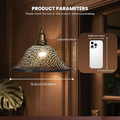 Ceiling Fan Light Covers, Pendant Light Shade Replacement with 1.65" Fitter, ALUCSET 5.5" Height and 12.2" Diameter, Metal Bell Cover for Chandelier Wall Sconces Etched Chrysanthemum Black and Gold