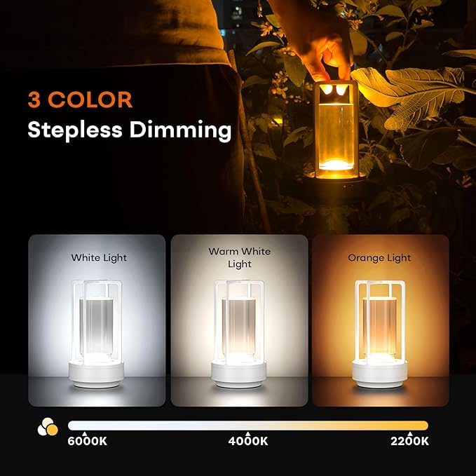 Portable Table Lamp for Indoor/Outdoor, Rechargeable Cordless Desk Lamp with Touch Sensor, 3 Way Dimmable Suitable for Bars/Cafes/Restaurants/Bedrooms/Camping Sites (White)
