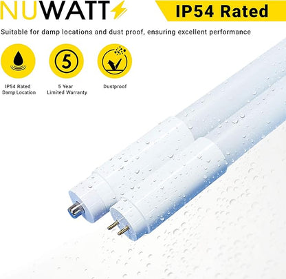 NUWATT T8 LED 8 FT Tube Frosted Lens (15 Pack) 42W 5500 Lumens 5000k, 120-277V; Double Pins, Breaks Down into 2-4 FT Fixtures, (15 Pack)