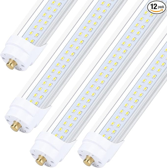 (12-Pack),T8/T10/T12 8FT LED Tube Light, Single Pin FA8 Base, 100W 6000LM 15000K Cold White, 180 Degree Flat Shaped LED Fluorescent Bulb (250W Equiv.), Clear Cover, Dual-Ended Power