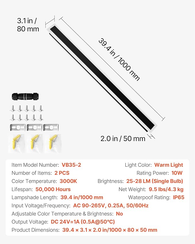 VEVOR Outdoor Wall Lights, 2 Pack, 39.4 Inch Long Strip Modern Exterior Wall Sconce Light Fixtures, 3000K Warm White, IP65 Waterproof Anti-Rust Outside Wall Mount Lighting, for House, Porch, Garage