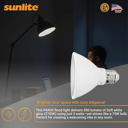 Sunlite LED PAR30 Short Neck Flood Light Bulb, 9 Watt, (75W Equivalent), 850 Lumens, Medium Screw (E26) Base, Dimmable, ETL Listed, 2700K Soft White, 6 Count