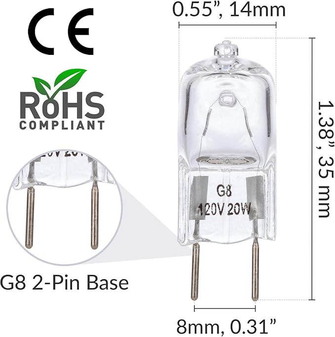 Simba Lighting Halogen Light Bulb G8 T4 20W JCD Bi-Pin (10 Pack) Shorter 1-3/8" (1.38") Length for Under Cabinet Puck Lights, Kitchen Hood, Landscape Lights, Desk Lamps 120V Dimmable, 2700K Warm White