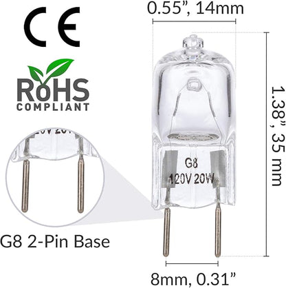Simba Lighting Halogen Light Bulb G8 T4 20W JCD Bi-Pin (10 Pack) Shorter 1-3/8" (1.38") Length for Under Cabinet Puck Lights, Kitchen Hood, Landscape Lights, Desk Lamps 120V Dimmable, 2700K Warm White