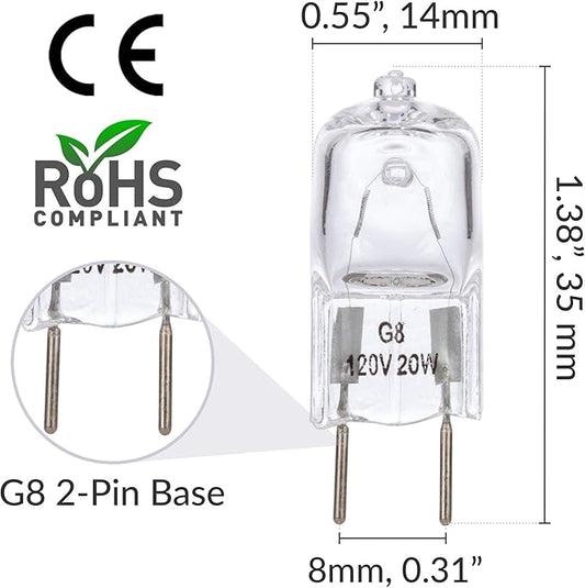 Simba Lighting Halogen Light Bulb G8 T4 20W JCD Bi-Pin (10 Pack) Shorter 1-3/8" (1.38") Length for Under Cabinet Puck Lights, Kitchen Hood, Landscape Lights, Desk Lamps 120V Dimmable, 2700K Warm White