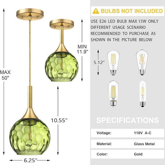 6.3" Dark Green Hammer Glass Pendant Light 3 Pack Pendant Ceiling Light Fixture Gold Finish Modern Farmhouse Dinning Over Sink Adjustable Height Cord