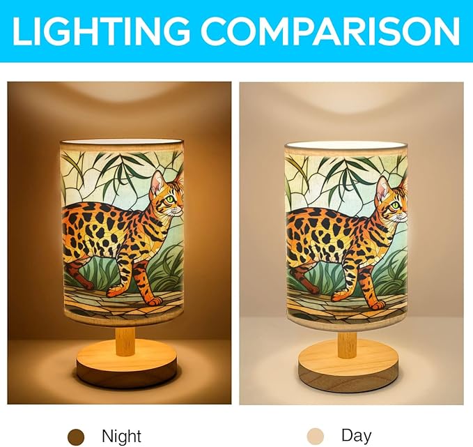 Bengal Cat Table Lamp LED 3-Color Pressed Bedside, Bengal Cat Shade Lamp with Wood Base for Bedroom Living Room Desk Office TL01