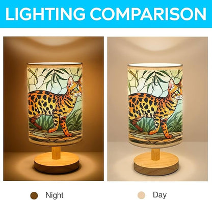 Bengal Cat Table Lamp LED 3-Color Pressed Bedside, Bengal Cat Shade Lamp with Wood Base for Bedroom Living Room Desk Office TL01