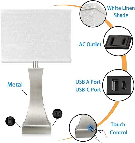 Table Lamp for Bedroom 3-Way Dimmable Touch Control Bedside Lamp with USB A+C Port & Outlet 21.6" Tall Nightstand Lamp for Living Room Bedroom Office and Hotel Bulb Included