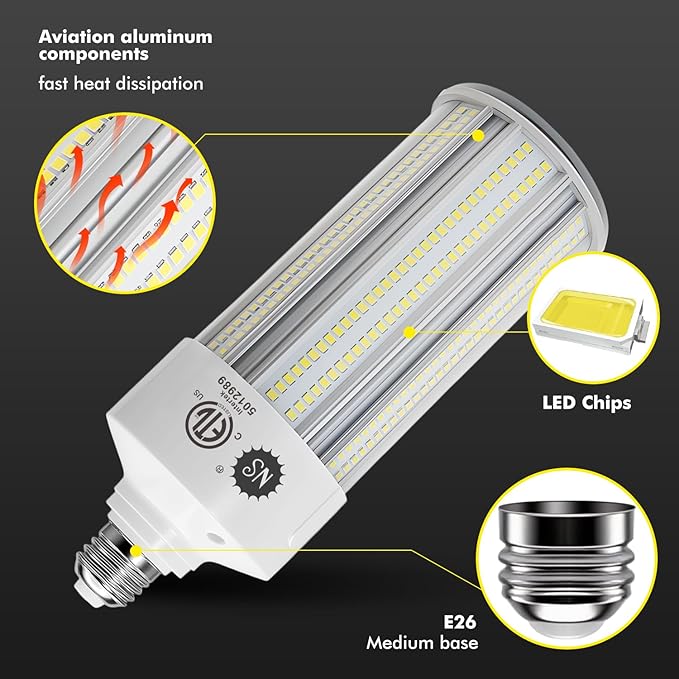 NS 100W LED Corn Bulbs, 1000W Equivalent, 15,000lm 5000K Daylight, E26/E39 Base, Non-Dimmable, 23-Year Lifetime, Metal Halide/HID/CFL Replacement for Warehouse, Garage, High Bay, Workshop – 1 Set
