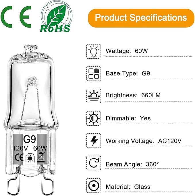 G9 Halogen Bulb 60 Watt 120 Volt Dimmable T4 JCD Type Bi-Pin Base for Chandeliers, Pendants, Cabinet Lights, Landscape Lights Replacement, Warm White (10 Pack)