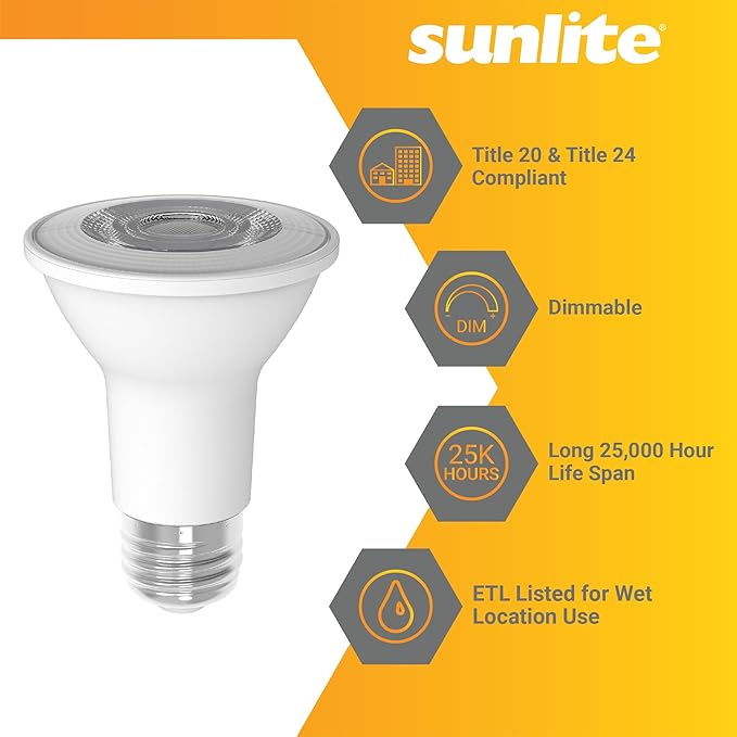 Sunlite LED PAR20 Light Bulb, 6 Watt (50W Halogen EQ), 500 Lumens, 35° Flood Beam, Medium E26 Base, 90 CRI, Dimmable, Title-20/24/CEC Compliant, 120V, ETL Listed, 2700K Soft White, 6 Count