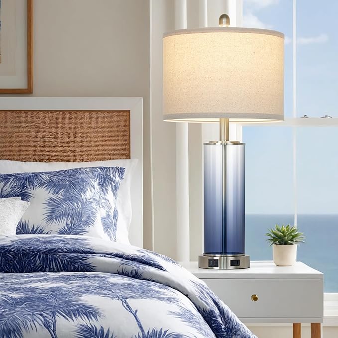26" Coastal Blue Glass Table Lamps Set of 2, 3-Way Dimmable Touch Control Bedroom Lamp with USB C+A Ports & AC Outlet, Elegant Living Room Lamp, Nautical Bedside Lamps for Nightstand Side End Table