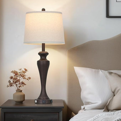 30" Brown Table Lamps Set of 2, 3-Way Touch Control Bedside Lamp with USB A+C Ports and AC Outlet, Tall Living Room Lamps for End Table, Elegant Coffee Bedroom Lamp for Night Stand