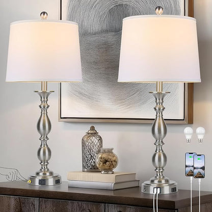 28" Tall Modern Table Lamps Set of 2 with USB A+C Ports and AC Outlet, 3 Way Touch Metal Bedside Lamps for Bedroom, Silver Farmhouse Nightstand Lamps for Living Room