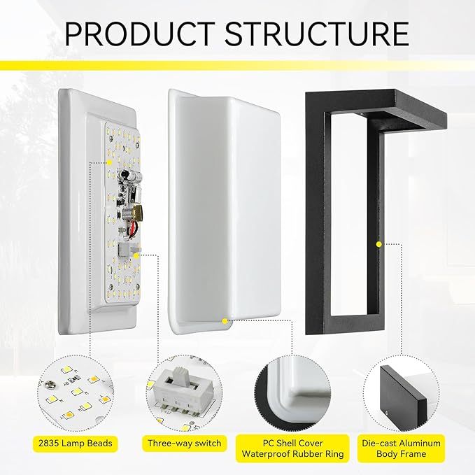 LED Outdoor Wall Porch Light 2 Pack 3000K 4000K 6000K Adjustable Waterproof Modern Wall Sconce Aluminum Exterior Light Fixture Wall Mount ETL IP65 8 Inch 12W Black