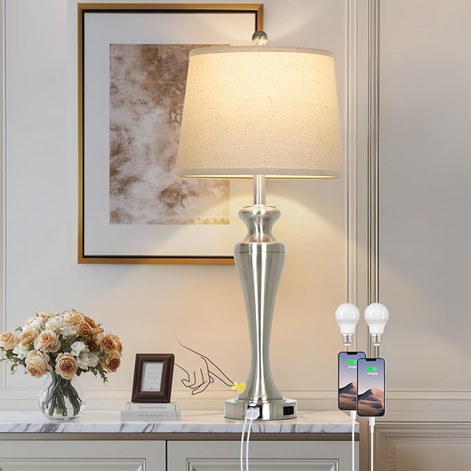 30 Inch Single Silver Table Lamp, 3-Way Dimmable Touch Bedroom Lamp with USB A+C Ports and AC Outlet, Modern Metal Brushed Nickel Living Room Lamp, Bedside Lamp for Nightstand Guest Room End Table