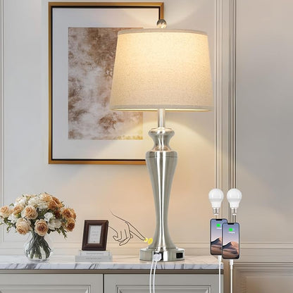 30 Inch Single Silver Table Lamp, 3-Way Dimmable Touch Bedroom Lamp with USB A+C Ports and AC Outlet, Modern Metal Brushed Nickel Living Room Lamp, Bedside Lamp for Nightstand Guest Room End Table