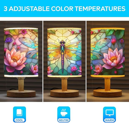 Dragonfly Table Lamp LED 3-Color Pressed Bedside, Dragonfly Shade Lamp with Wood Base for Bedroom Living Room Desk Office TL01