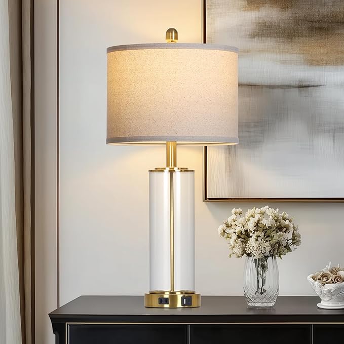26" Gold Glass Table Lamp for Living Room Single, 3-Way Dimmable Touch Control Bedroom Lamps with USB C+A Ports & AC Outlet, Modern Bedside Lamp for Nightstand Side End Table (Bulb Included)