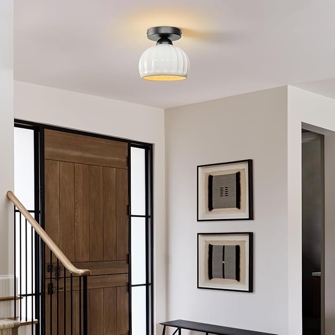 Black Semi Flush Mount Ceiling Light - 2 Pack, Glaze Ceramic Vintage Hallway Light Fixtures, Milk White Globe Ceiling Lights, Mid Century Small Light Fixture for Cottage Entryway Laundry Room Foyer