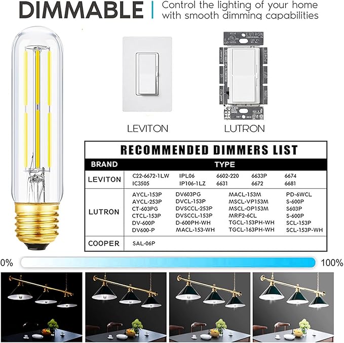 E26 Tubular Light Bulb 6W,Dimmable Led Tube Bulbs,Cool White 5000K,60 Watt Incandescent Bulb Equivalent,T10 Led Light Bulb for Cabinet Display Cabinet etc,Clear Glass,5.1in, 6 Pack.