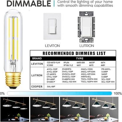 E26 Tubular Light Bulb 6W,Dimmable Led Tube Bulbs,Cool White 5000K,60 Watt Incandescent Bulb Equivalent,T10 Led Light Bulb for Cabinet Display Cabinet etc,Clear Glass,5.1in, 6 Pack.
