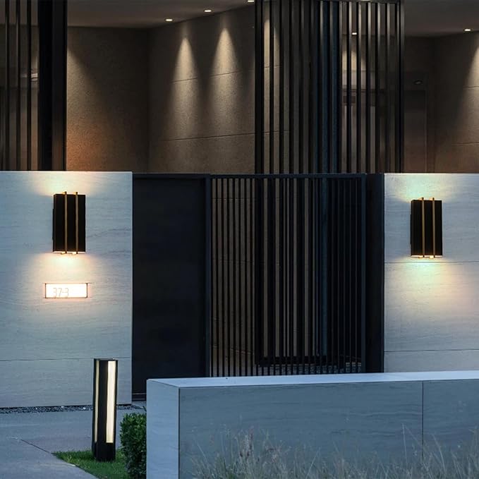 Upgraded Modern Outdoor Wall Light Fixture, 10.8" Up and Down Outdoor Sconce Lights 15W 3CCT 3000K/4000K/5000K, IP54 Waterproof Exterior Wall Sconce, Black Metal Frame with Brass Accents