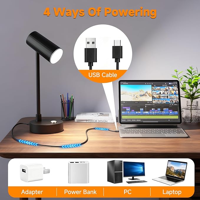 ShineTech Adjustable LED Eye-Caring Desk Lamp, Dimmable Stepless Brightness, 3 Color Modes, Touch Nightstand Lamp for Home Office, Study, Bedroom, Black