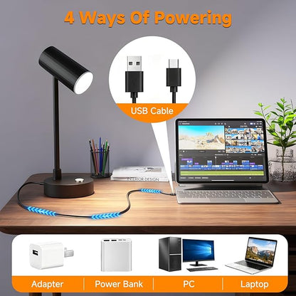 ShineTech Adjustable LED Eye-Caring Desk Lamp, Dimmable Stepless Brightness, 3 Color Modes, Touch Nightstand Lamp for Home Office, Study, Bedroom, Black