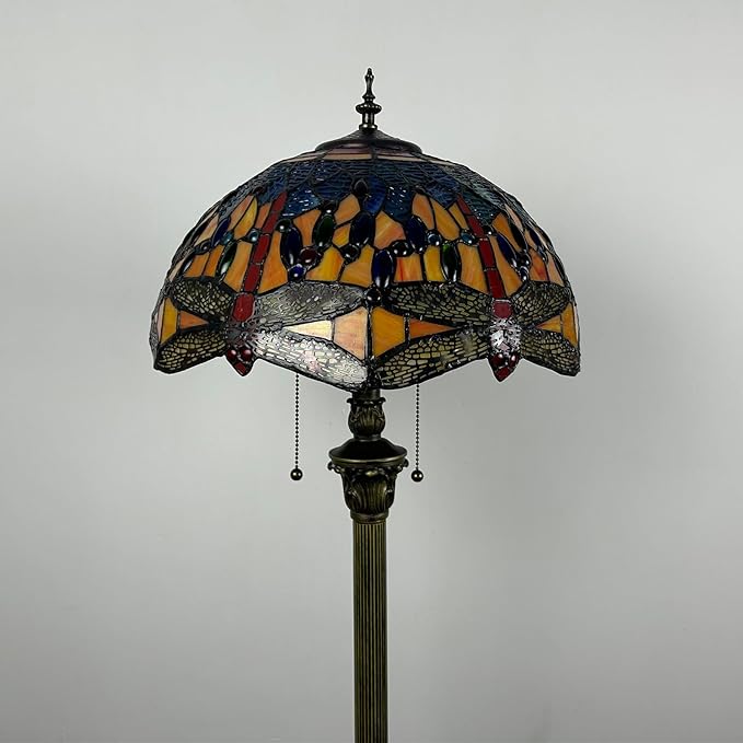 Baroque Tiffany Dragonfly Floor Lamp Orange Glass Vintage Standing Lamp with Pull Chain Traditional Stained Glass Floor Standing Reading Lights for Living Room Bedroom Home Farmhouse