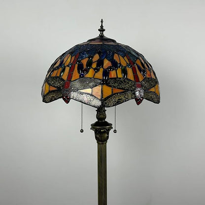 Baroque Tiffany Dragonfly Floor Lamp Orange Glass Vintage Standing Lamp with Pull Chain Traditional Stained Glass Floor Standing Reading Lights for Living Room Bedroom Home Farmhouse