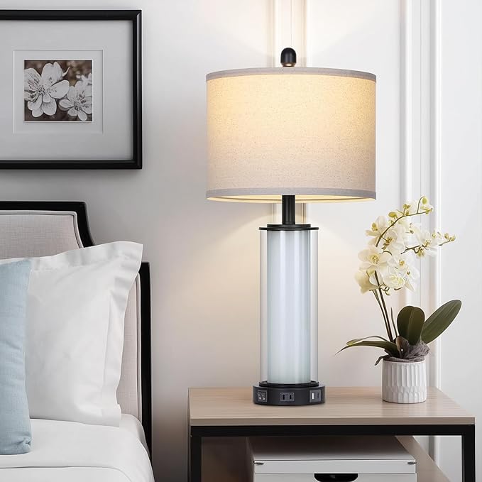 26" Black Glass Table Lamps Set of 2, Modern Bedroom Lamps with Built-in Frosted Glass Night Light , Tall Living Room Lamp with USB C+A Ports & Outlet, Bedside Lamp for Nightstand Side End Decoration