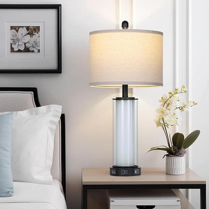 26" Black Glass Table Lamps Set of 2, Modern Bedroom Lamps with Built-in Frosted Glass Night Light , Tall Living Room Lamp with USB C+A Ports & Outlet, Bedside Lamp for Nightstand Side End Decoration