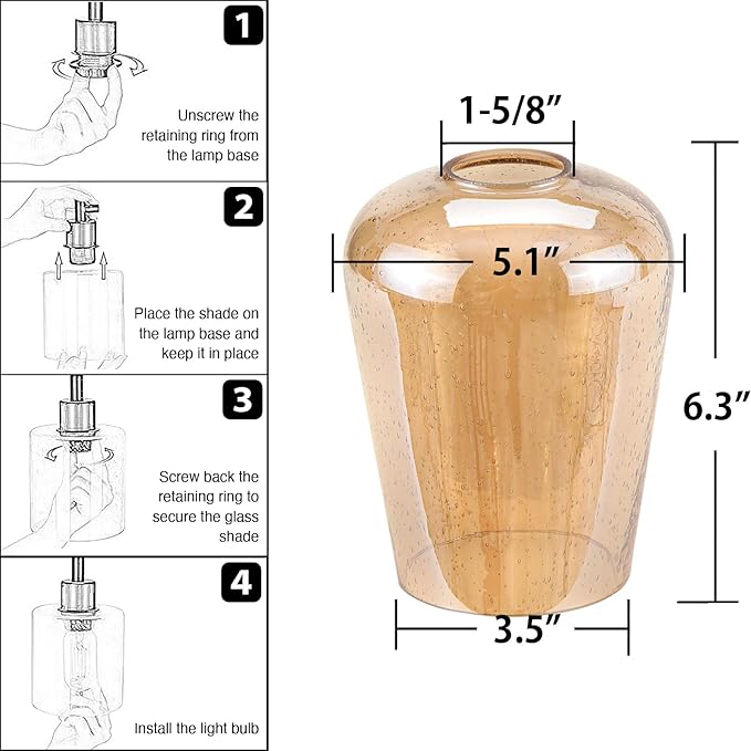 Wine Glass Lamp Shade for Light Fixture, 6.3" Height, 1-5/8 Inch Fitter, 3 Pack Clear Amber Seeded Bubble Effect Glass Shade Replacement Globe