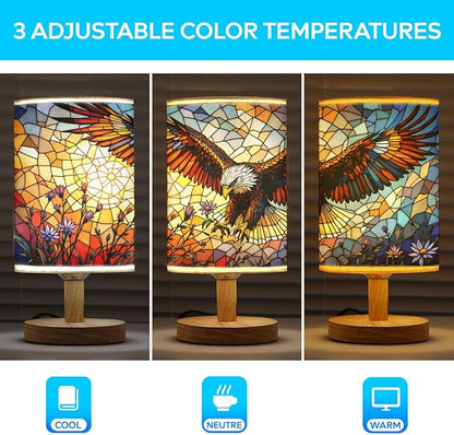 Eagle with Flower Table Lamp LED 3-Color Pressed Bedside, Eagle with Flower Shade Lamp with Wood Base for Bedroom Living Room Desk Office TL01