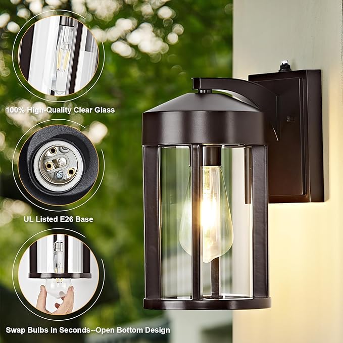 Dusk to Dawn Outdoor Wall Lights Fixture with Photocell Sensor, Modern Geometric Industrial Coffee-Bronze Exterior Wall Sconce, Waterproof Anti-Rust Outside Porch Light for House Patio Entryway Garage