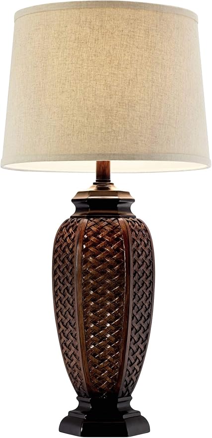 Regency Hill Tropical Natural Cottage Jar Table Lamps 29" Tall Set of 2 Weathered Brown Woven Wicker Beige Linen Fabric Drum Shade Decor for Living Room Bedroom House Bedside Nightstand Home
