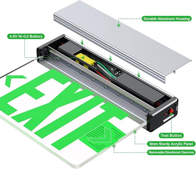 Green Led Edge Lit Exit Sign UL Listed, Brushed Aluminum Housing Double-Sides Mirrored Acrylic Emergency Exit Signs with Battery Backup, AC 120-347V Hardwired Exit Lights, Top/Side/Wall Mount (2 Pack)