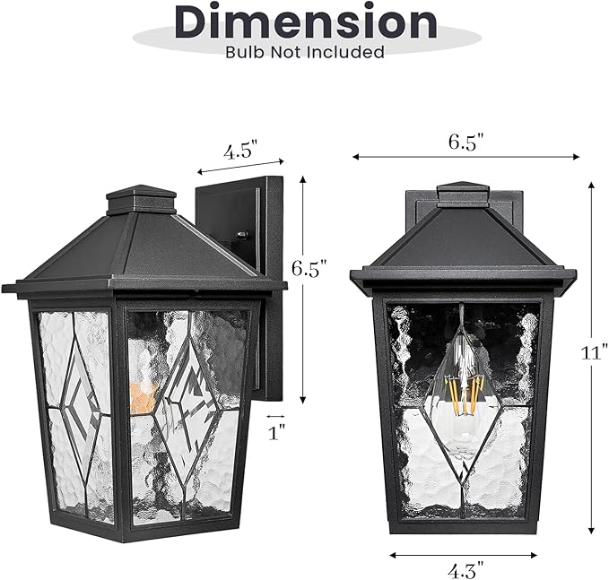 Exterior Waterproof Wall Sconce Light Fixtures Outdoor Wall Lights in Black Finish Outdoor Wall Sconce Lights with Water Ripple Handmade Glass 11 Inch Height