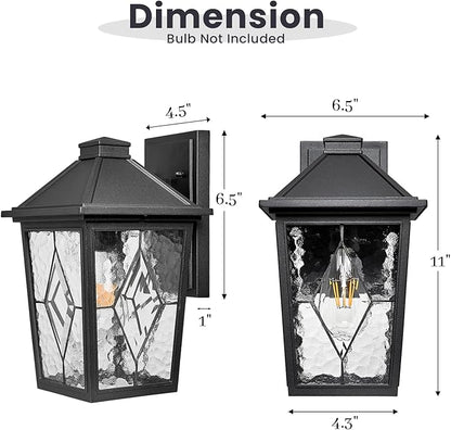 Exterior Waterproof Wall Sconce Light Fixtures Outdoor Wall Lights in Black Finish Outdoor Wall Sconce Lights with Water Ripple Handmade Glass 11 Inch Height