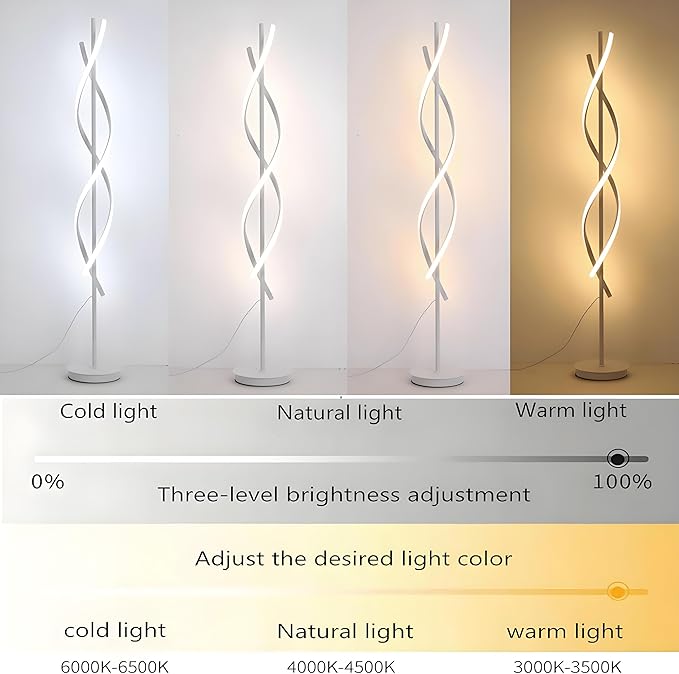 NKU Unique Spiral Floor Lamp 3 Color Dimmable with Remote, 63in Modern Creative White Standing Tall Lamp for Living Room Bedroom Office
