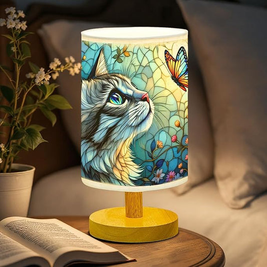 Cat and Butterfly Table Lamp LED 3-Color Pressed Bedside, Cat and Butterfly Shade Lamp with Wood Base for Bedroom Living Room Desk Office TL01