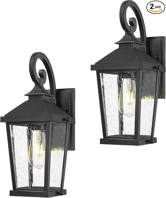 zeyu 2 Pack Outdoor Wall Lights, 16 Inch Exterior Lighting Fixtures for Front Door, Die-Cast Aluminum in Black Finish, Waterproof Seeded Glass, ZW105B-2PK BK