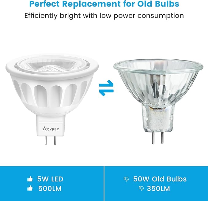 10 Pack Dimmable MR16 LED Bulbs, 12V 5W(50-Watt Equivalent), 5000K Daylight White, GU5.3 Bi-Pin Base, 40-Degree, Indoor/Outdoor Landscape Spotlight Track Recessed Lighting