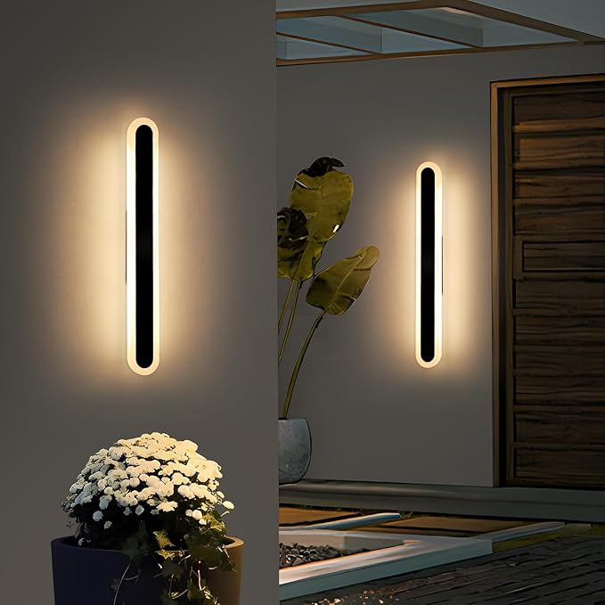 2 Pack Long Outdoor Porch Wall Light, 23.6inch Oval Modern LED Wall Sconce, IP65 Waterproof, 3000K Warm White, 24W, Exterior Linear Lighting Fixture for Patio, Yard, Garage, Balcony